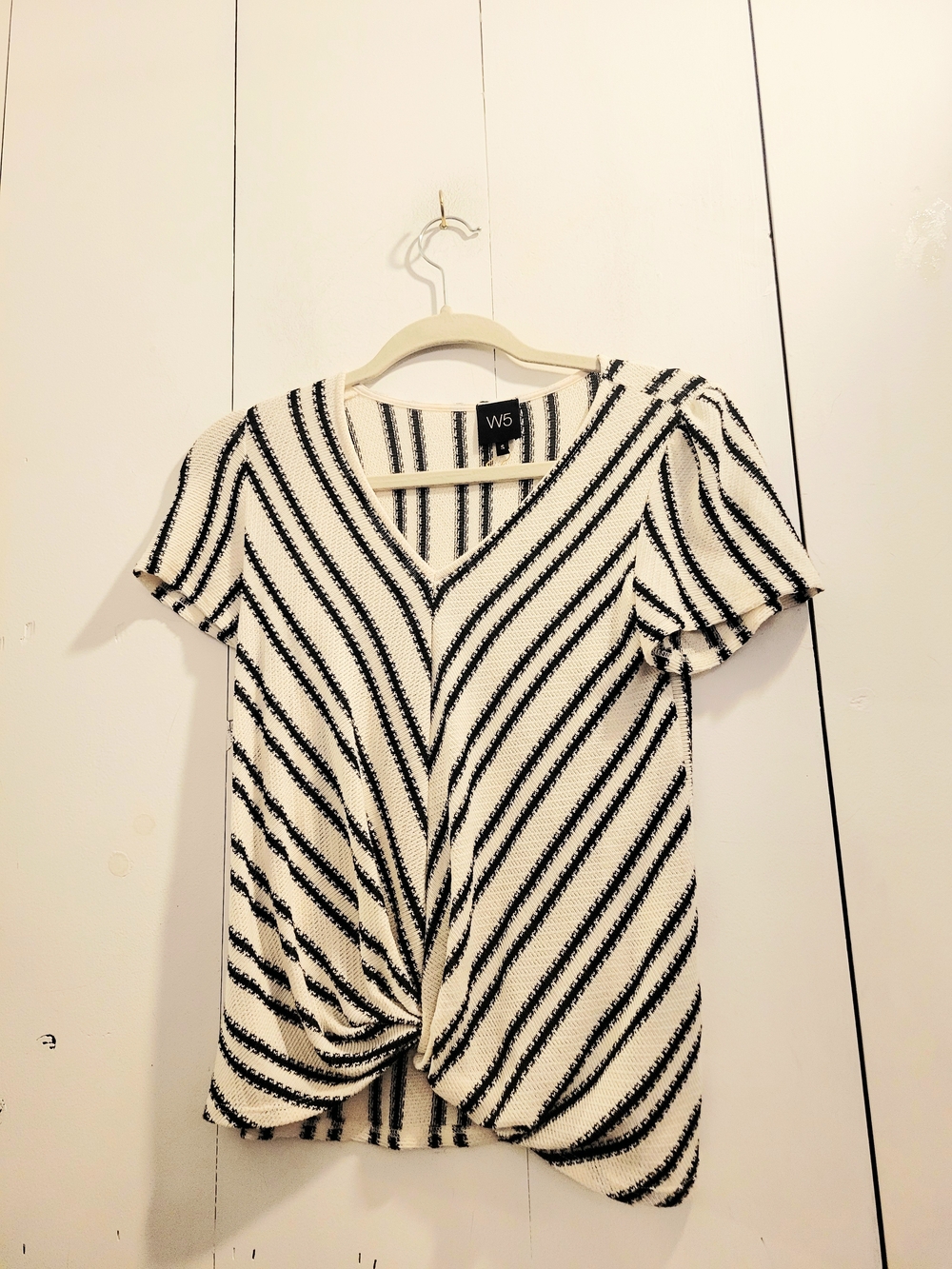 W5 Black and White Striped V-Neck Twist Hem Tee